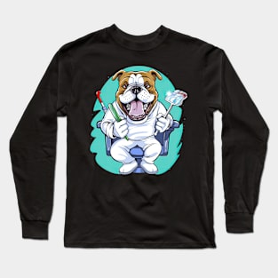 a Dentist English Bulldog wearing a white coat, holding a toothbrush in one paw and a dental mirror Long Sleeve T-Shirt